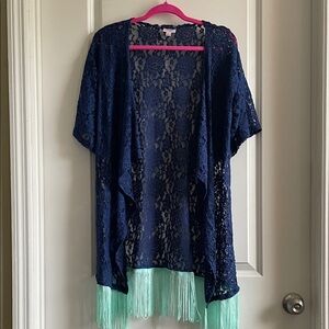 Blue floral Lace Kimono with aqua Fringe stretchy loose fit Lularoe